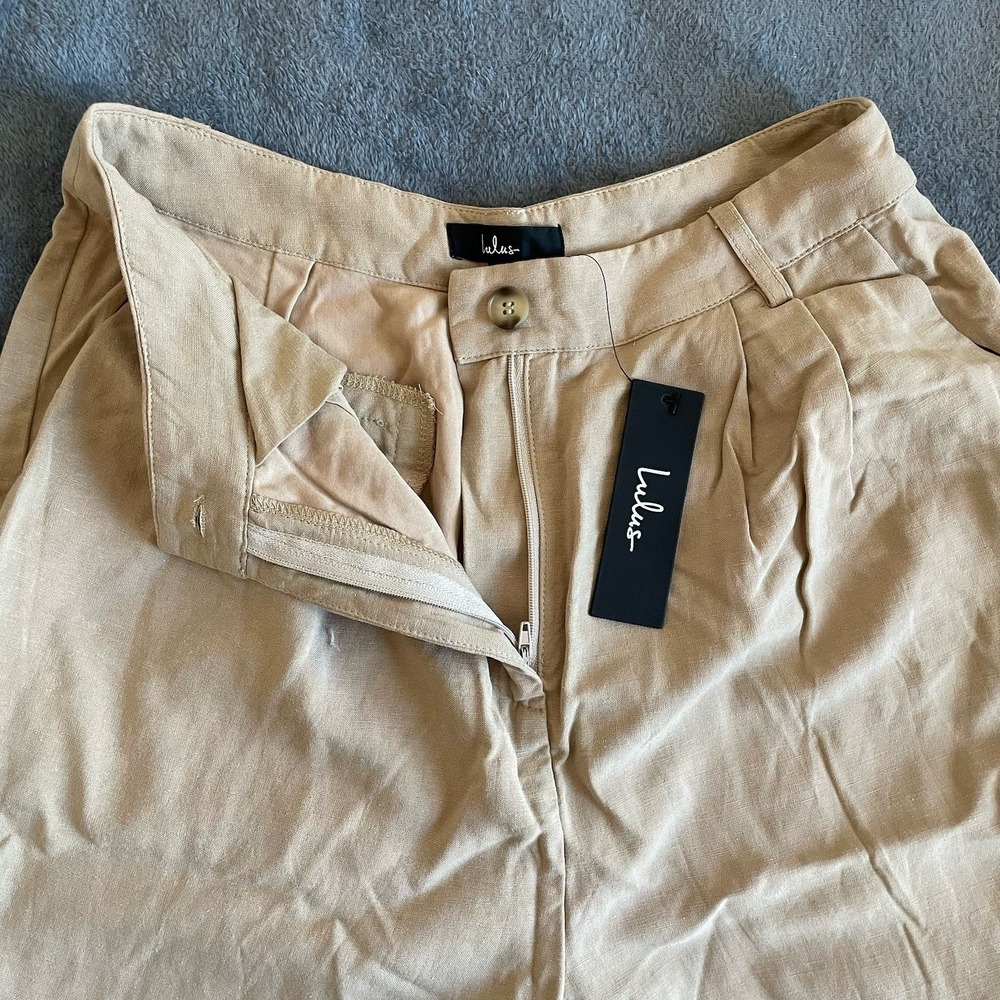 Lulus Tan Linen Blend Wide Leg Pleated Trousers High Waisted Pants Small NWT - Picture 7 of 11